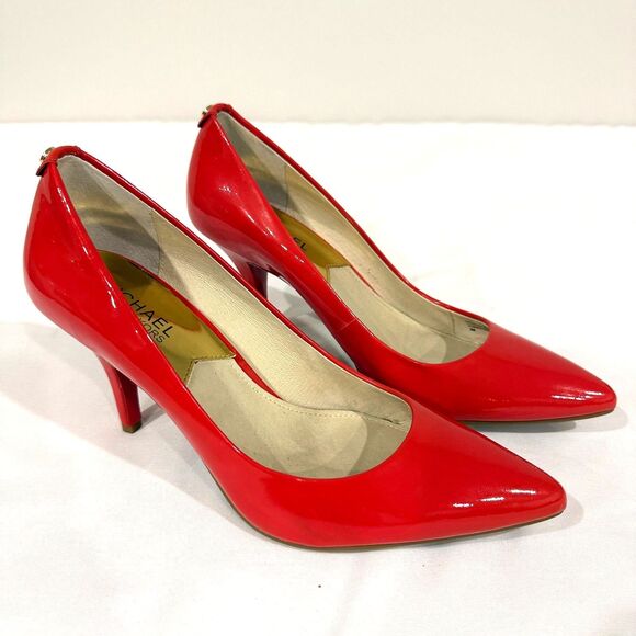 MICHAEL KORS Coral Red Patent Leather Pointed Toe Kitten Heel Pumps Size 8 - Picture 6 of 9